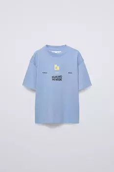 Футболка с лозунгом «вперед в неделю» ZARA, средне-синий