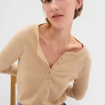 Футболка с люрексом и вырезом «дедушкина» Gap, бежевый