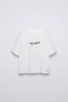 Футболка с махровой вышивкой ZARA, устрично-белый