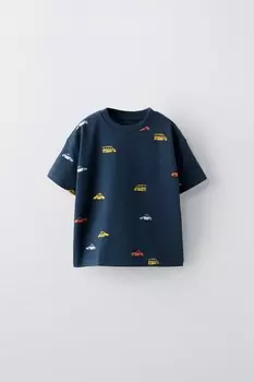 Футболка с машинками ZARA, темно-синий