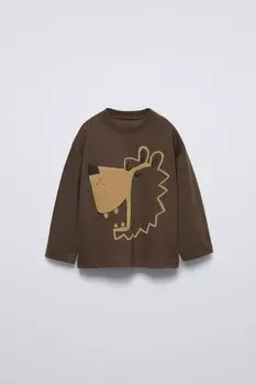 Футболка с медведем ZARA, коричневый