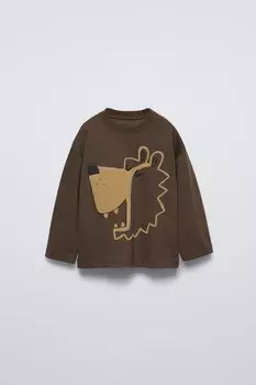 Футболка с медведем ZARA, коричневый