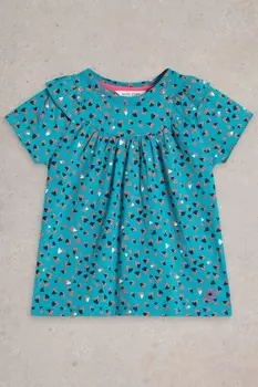 Футболка с мелким принтом в виде сердца, 100% хлопок White Stuff, синий