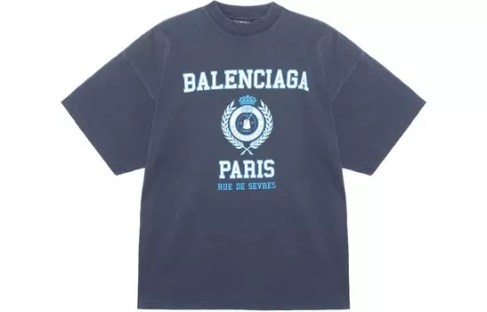 Футболка с мятым принтом College Crest Balenciaga, темно-синий