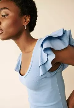 Футболка с набивным рисунком Poplin Frill Sleeve Ribbed Top Next, синяя