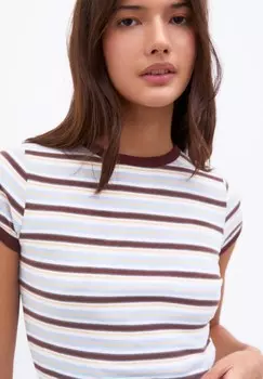 Футболка с набивным рисунком STRIPED SHORT SLEEVE PULL&BEAR, коричневый