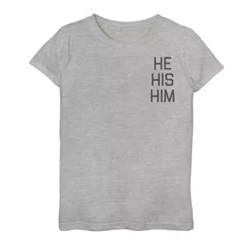 Футболка с надписью «He His Him» для девочек 7–16 лет с левым нагрудным карманом Unbranded