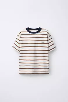 Футболка с надписью в тяжелую полоску ZARA, цвет brown/white