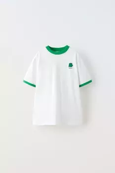 Футболка с нашивкой и отделкой ZARA, белый/зеленый