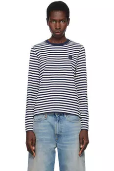 Футболка с нашивкой в виде головы лисы темно-синего и белого цвета в разноцветные полосы Maison Kitsun