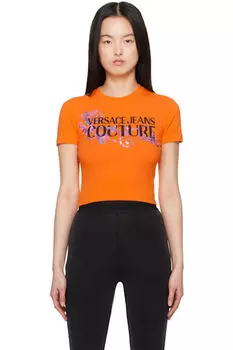 Футболка с оранжевым кристаллом и контуром Barocco Versace Jeans Couture
