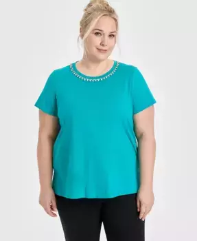 Футболка с отделкой из стразов больших размеров JM Collection, синий