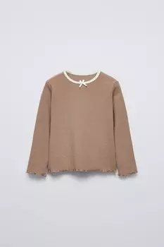 Футболка с отделкой пуантель ZARA, коричневый