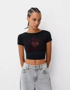 Футболка с открытой спиной и стразами Bershka, серый