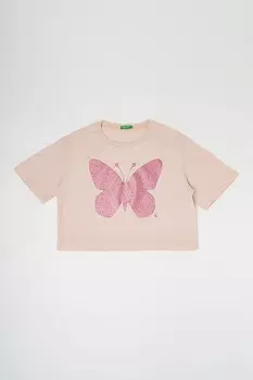 Футболка с овальным вырезом и блестящим принтом United Colors Of Benetton, розовый