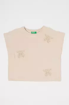 Футболка с овальным вырезом и вышивкой United Colors Of Benetton, бежевый