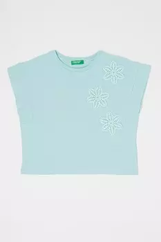 Футболка с овальным вырезом и вышивкой United Colors Of Benetton, бирюзовый