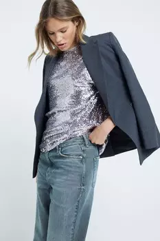 Футболка с пайетками и наплечниками River Island, серый