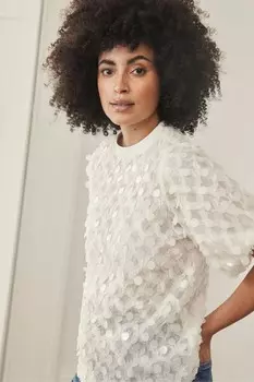 Футболка с пайетками и сеткой Mint Velvet, бежевый