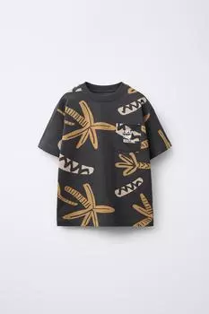Футболка с пальмой и карманом ZARA, антрацитовый серый