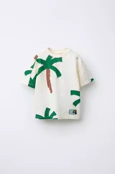 Футболка с пальмовым деревом ZARA, экрю