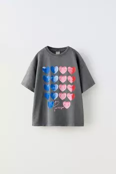 Футболка с парижскими сердцами ZARA, серый