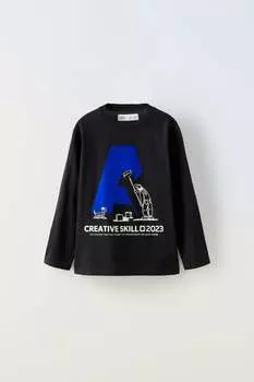 Футболка с письмом с флокированием ZARA, черный