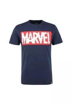 Футболка с пиксельным логотипом Marvel темно-синего цвета с крутым принтом Marvel Re:Covered, синий