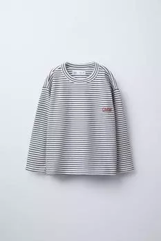 Футболка с полосатой и тисненым лозунгом ZARA, темно-синий