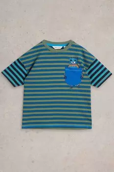 Футболка с полосками на кармане с медведем из 100% хлопка White Stuff, синий