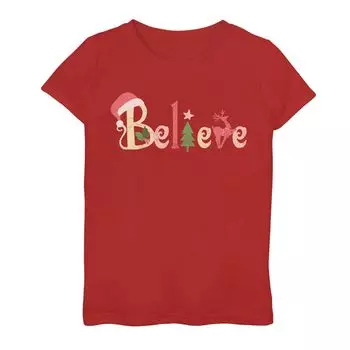 Футболка с праздничным рисунком и шляпой Санты для девочек 7–16 лет "Believe" Unbranded