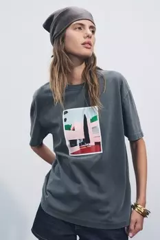 Футболка с принтом альберта флорента ZARA, антрацитово-серый
