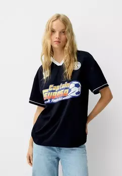 Футболка с принтом CAPTAIN TSUBASA Bershka, синий