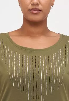 Футболка с принтом CARLULA O NECK RHINESTONE ONLY Carmakoma, оливковый
