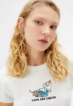 Футболка с принтом CAT CROP SHORT SLEEVE CREW NECK SLIM FIT Koton, белый