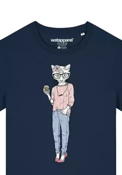 Футболка с принтом CAT WITH MOUSTACHE watapparel, темно-синий