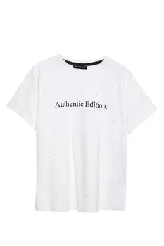 Футболка с принтом цвета экрю с фурнитурой из камней QUZU