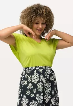 Футболка с принтом DECORATIVE TRIM SHORT SLEEVE V-NECK Ulla Popken, неоновый зеленый