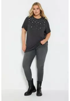 Футболка с принтом DIAMANTE EMBELLISHED SHORT SLEEVE T-SHIRT Yours Clothing, темно-серый