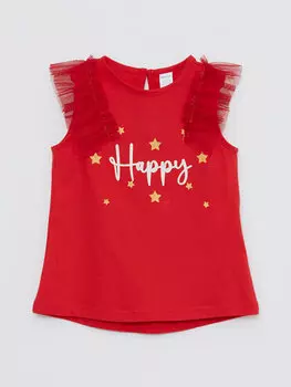 Футболка с принтом для маленьких девочек с круглым вырезом LCW baby, яркий красный