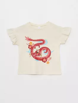 Футболка с принтом для маленьких девочек с круглым вырезом LCW baby, кремового цвета