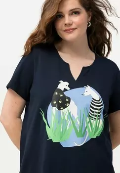 Футболка с принтом DOG SHORT SLEEVE SPLIT NECK GRAPHIC Ulla Popken, темно-синий