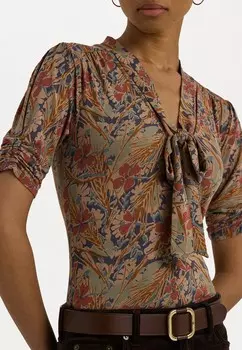 Футболка с принтом FLORAL JERSEY TIE NECK TOP Lauren Ralph Lauren, кремовый