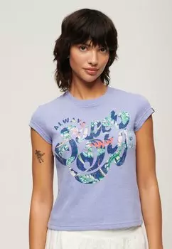 Футболка с принтом FLORAL SCRIPTED CAP SLEEVE Superdry, фиолетовый