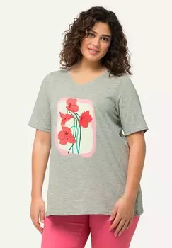Футболка с принтом FLOWER GRAPHIC V-NECK Ulla Popken, цвет Mottled Light Grey