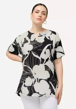 Футболка с принтом FLOWER SILHOUETTE SHORT SLEEVE SPLIT NECK Ulla Popken, черный