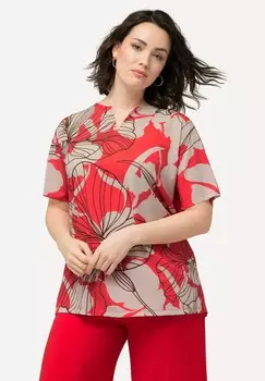 Футболка с принтом FLOWER SILHOUETTE SHORT SLEEVE SPLIT NECK Ulla Popken, коралл