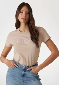 Футболка с принтом FRONTLOGO Guess, бежевый
