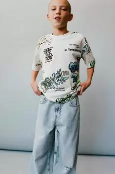 Футболка с принтом граффити ZARA, устрично-белый