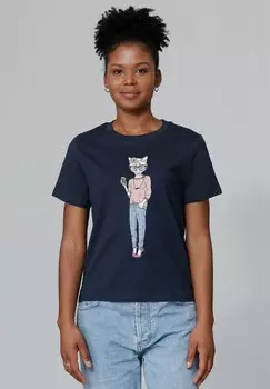 Футболка с принтом HIPSTER CAT WITH MOUSTACHE watapparel, темно-синий